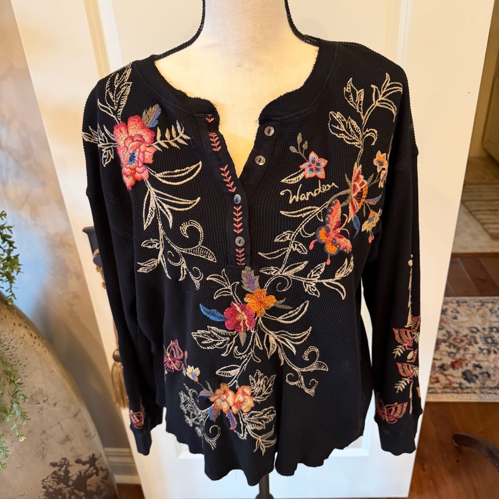 Women’s Johnny Was Taline Thermal, Black Floral, Ribbed and Embroidered Hensley